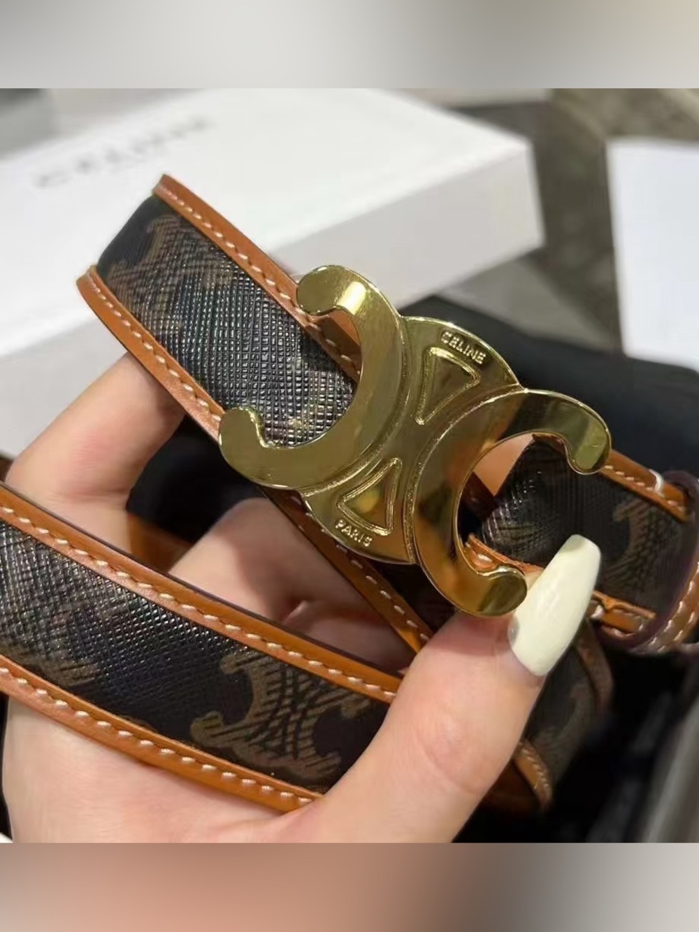 Celine Triomphe Brown Leather-Trim Belt Size 85cm
